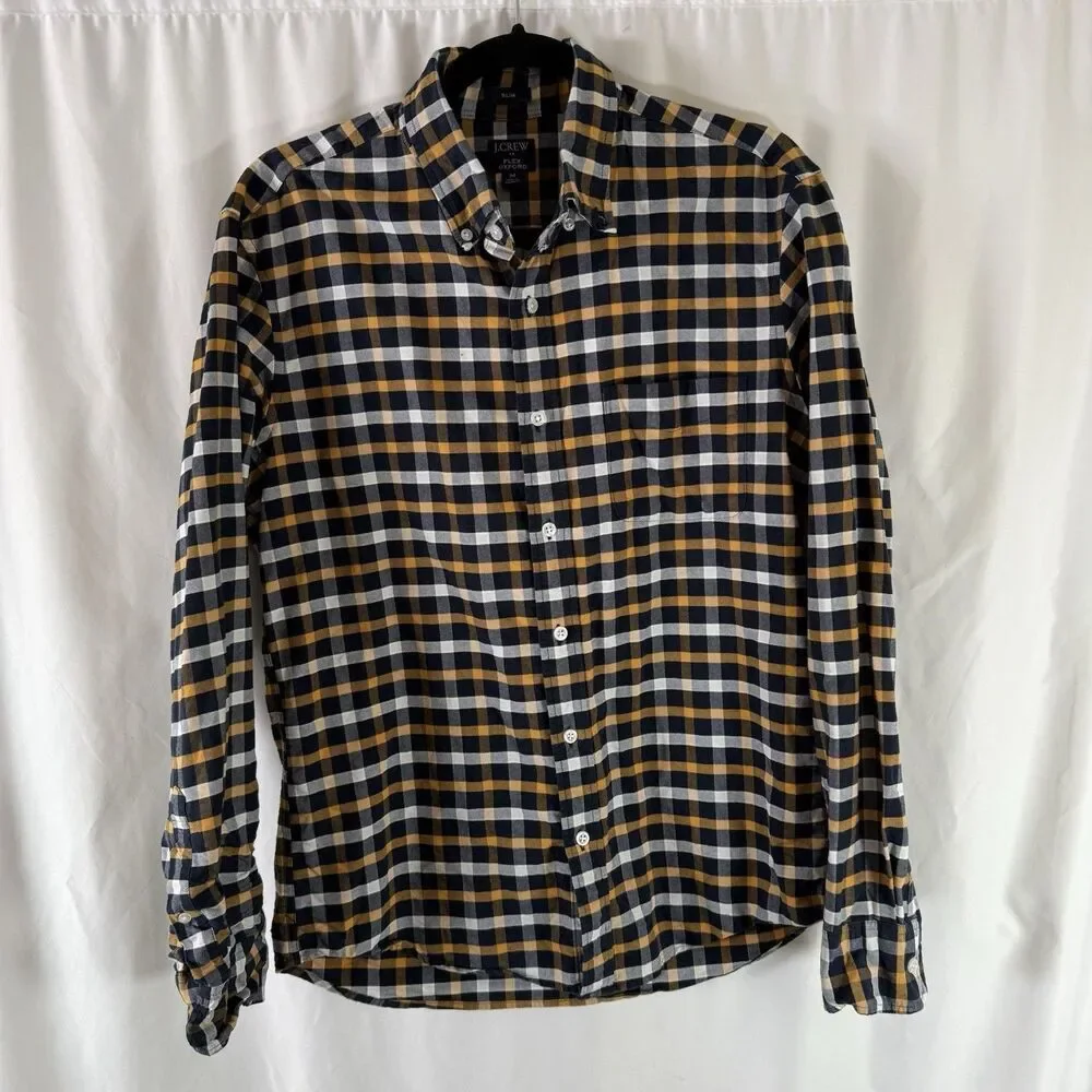 J. Crew Flex Oxford Button Up Shirt Men's Medium Slim Fit Blue Plaid Collared